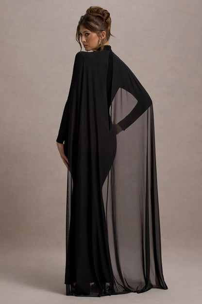 La Nuit Black High Neck Long Sleeve Maxi Dress With Cape