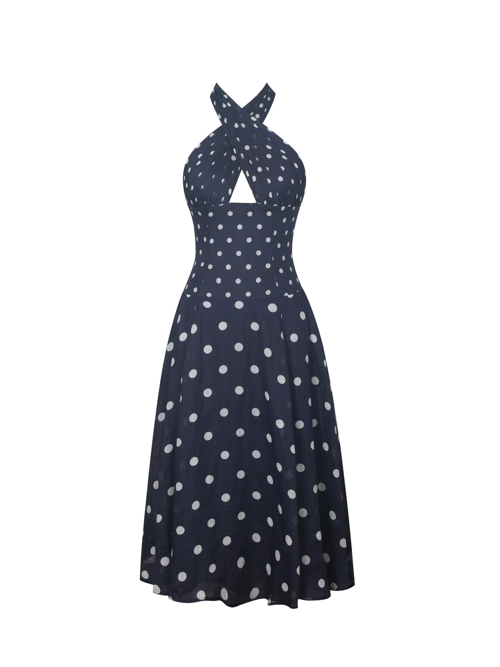 Nuri Navy Polka Dot Ramie Crossover Halter A Line Midi Dress