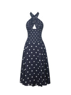 Nuri Navy Polka Dot Ramie Crossover Halter A Line Midi Dress