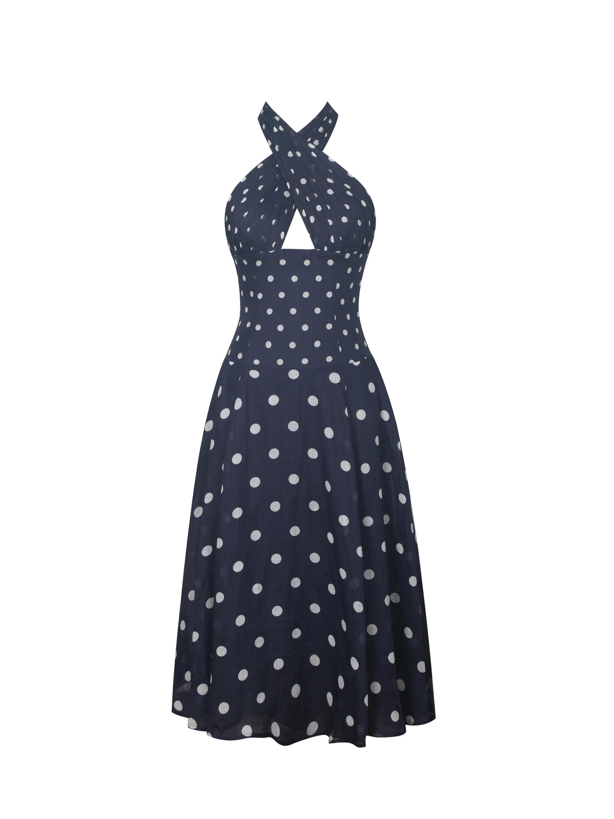 Nuri Navy Polka Dot Ramie Crossover Halter A Line Midi Dress