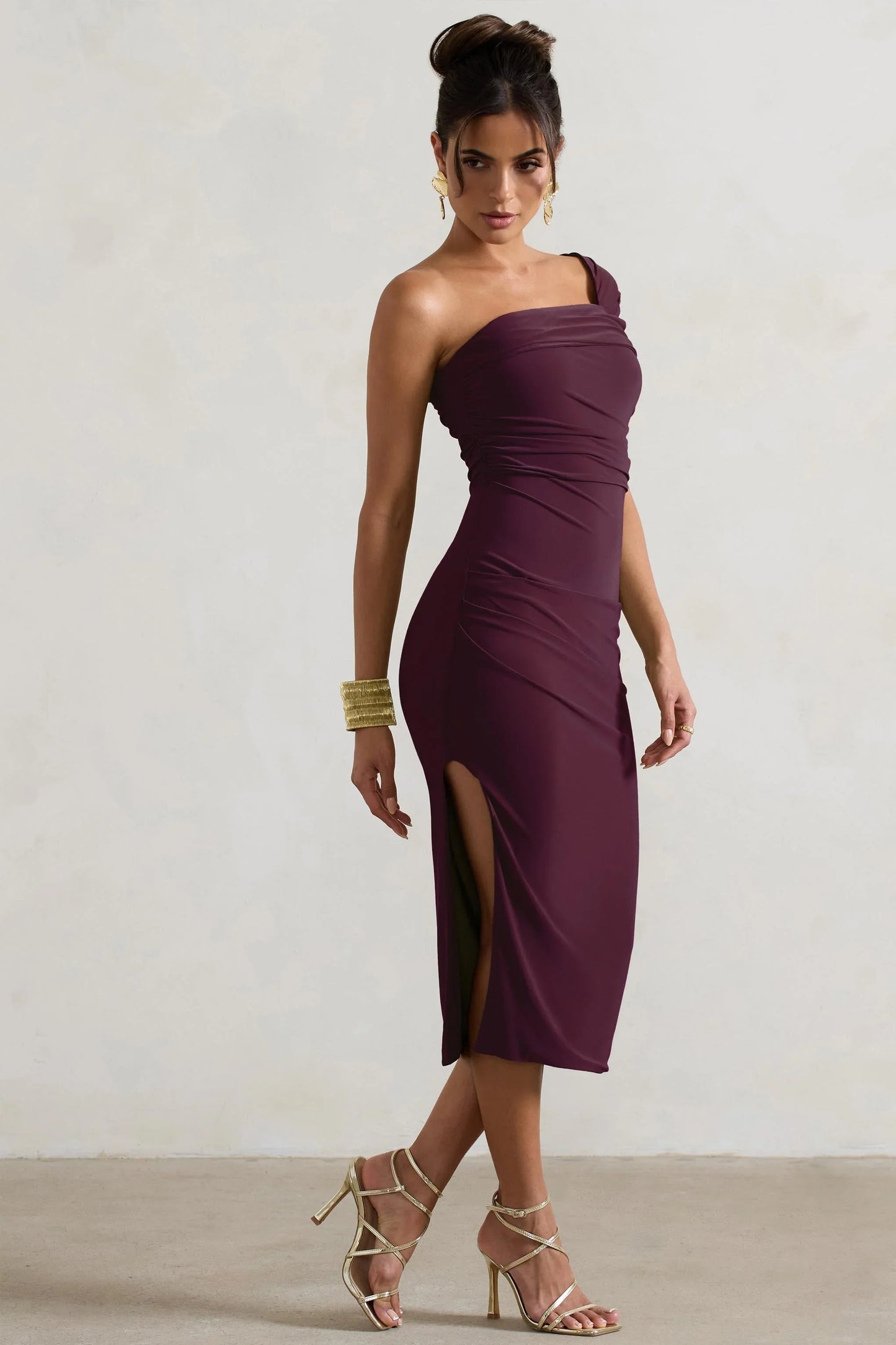 Hawaii Plum Asymmetric One Shoulder Split Midi Dress