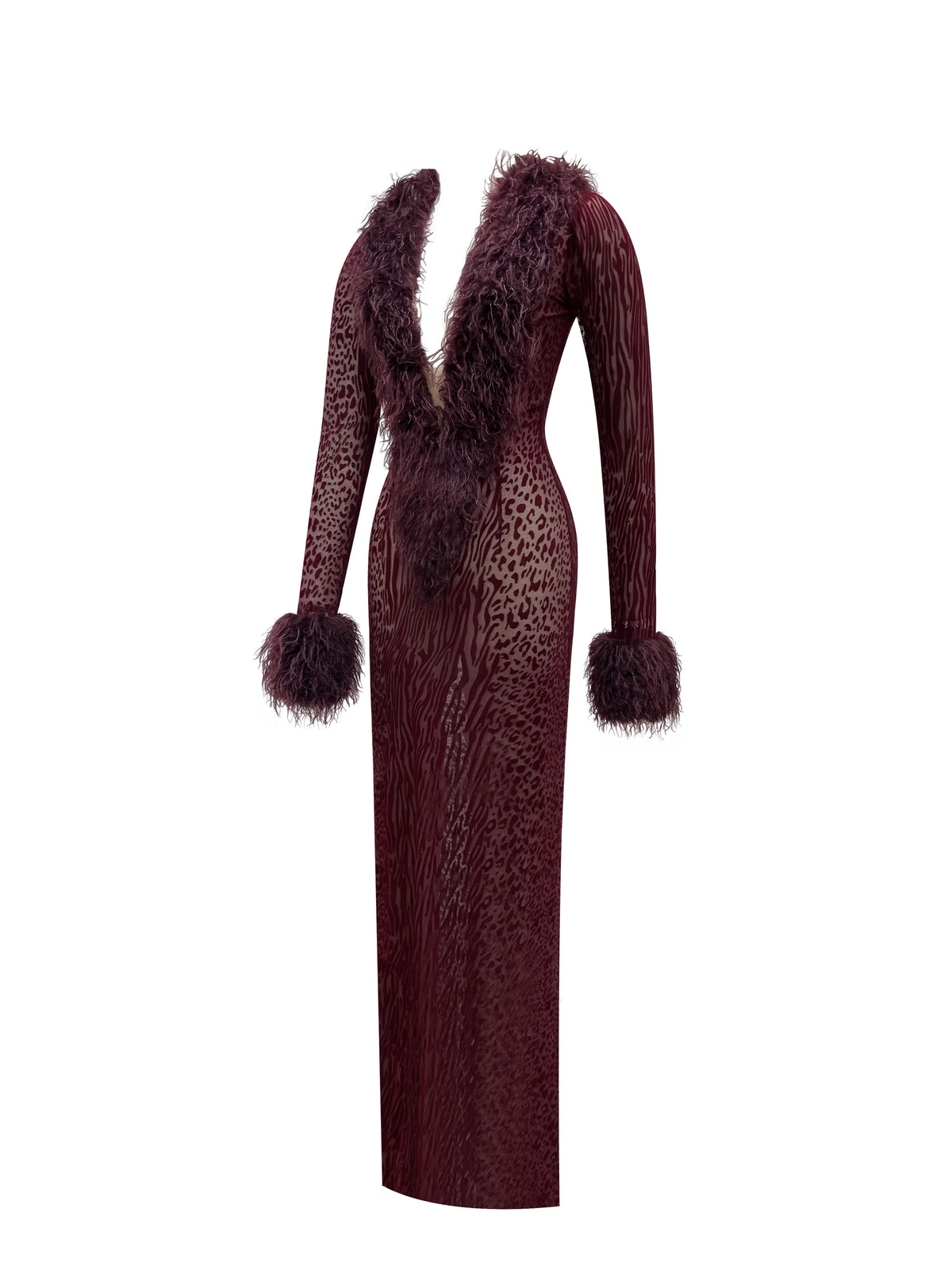 Luana Burgundy Plunging Fur Trimmed Burnout Mesh Maxi Dress
