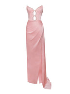 Marilyn Pink Satin Crystal Embellished High Slit Gown Archive Sale