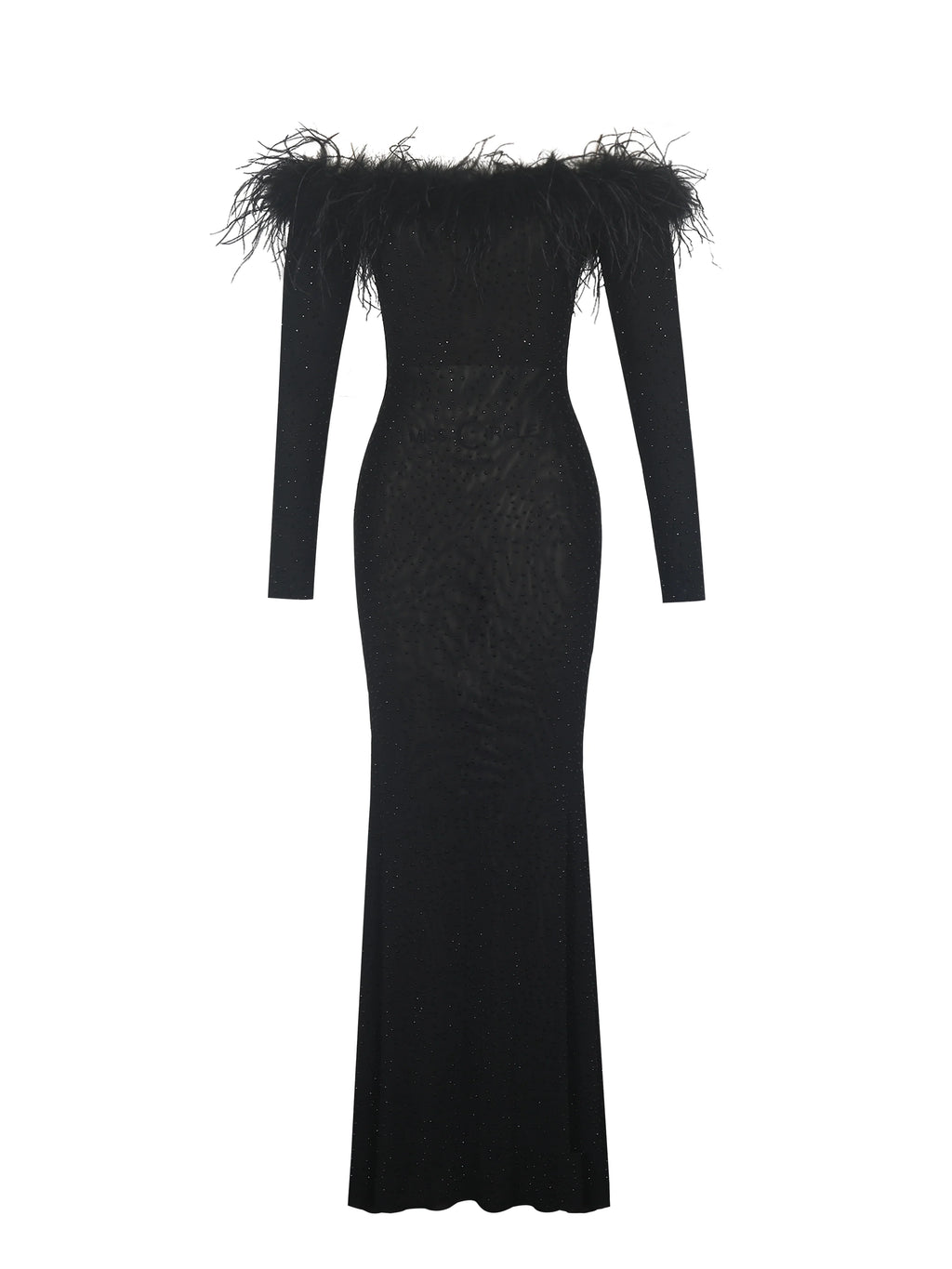 Emberly Black Fur Trimmed Off Shoulder Rhinestone Mermaid Maxi Dress