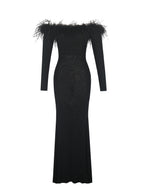 Emberly Black Fur Trimmed Off Shoulder Rhinestone Mermaid Maxi Dress