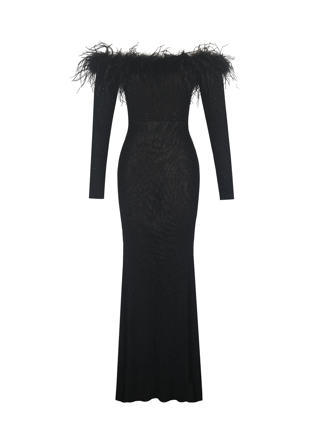 Emberly Black Fur Trimmed Off Shoulder Rhinestone Mermaid Maxi Dress