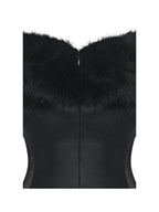 Bellis Black Fur Trim Mesh Panel Off Shoulder Midi Dress