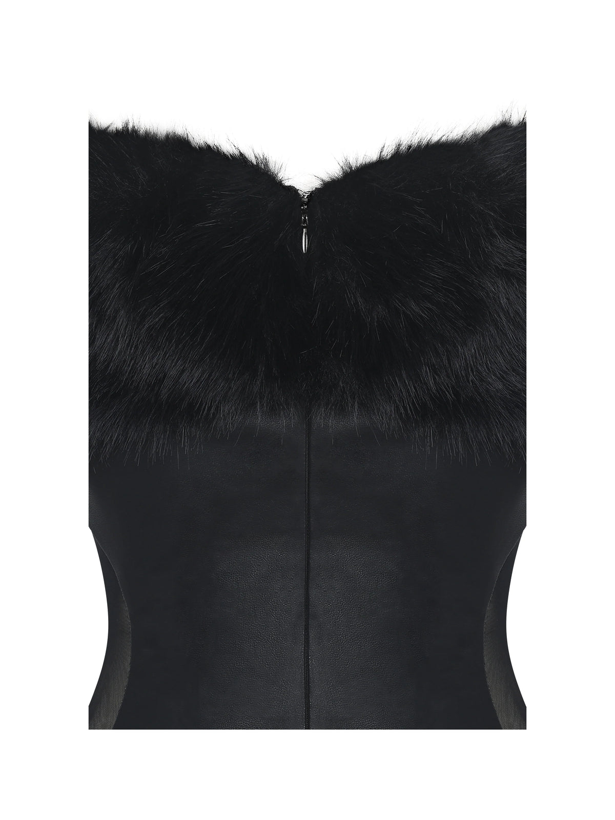 Bellis Black Fur Trim Mesh Panel Off Shoulder Midi Dress