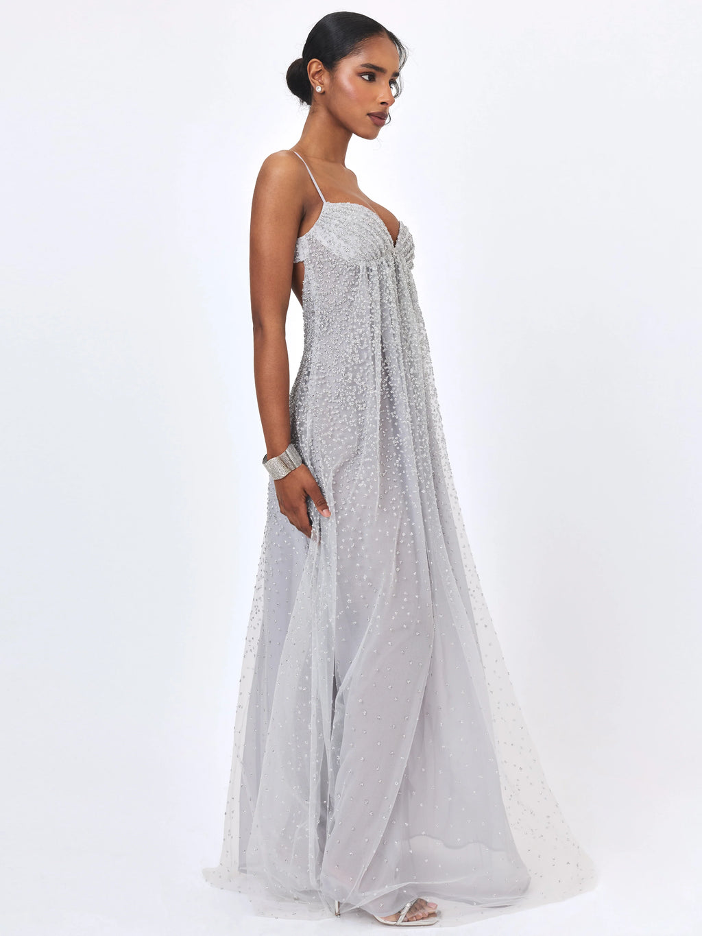 Wallie Silver Rhinestone Embellished Mesh Backless Gown