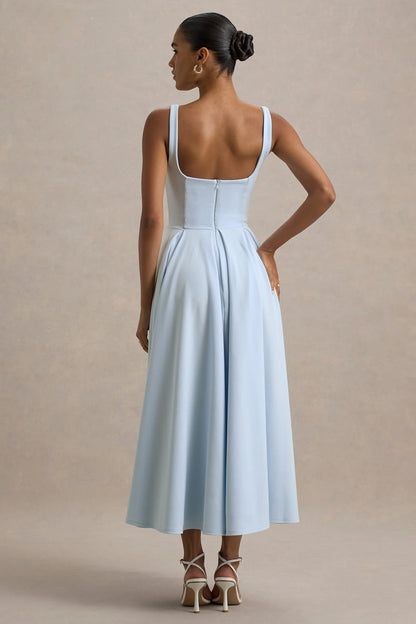 Parina Powder Blue Strappy Volume Hem Midi Dress