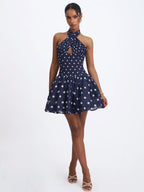 Yamina Navy Polka Dot Ramie Crossover Halter Gathered Mini Dress