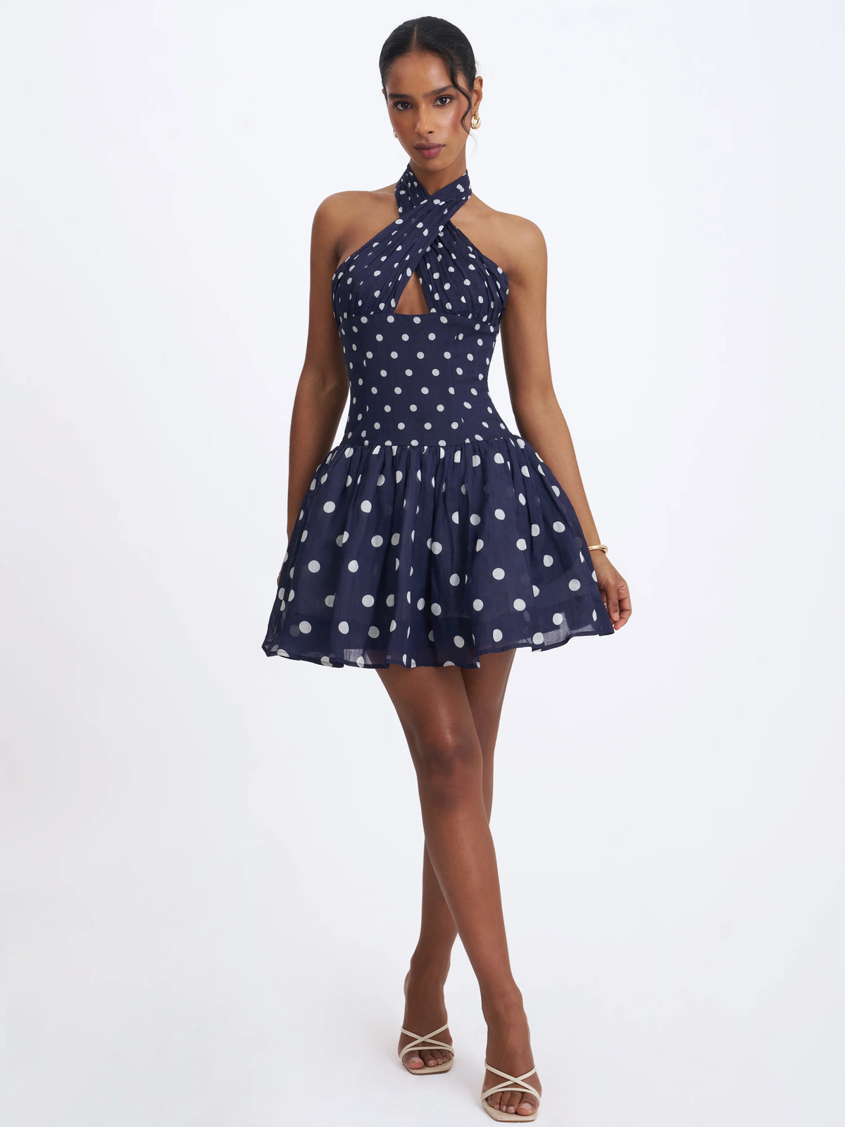 Yamina Navy Polka Dot Ramie Crossover Halter Gathered Mini Dress