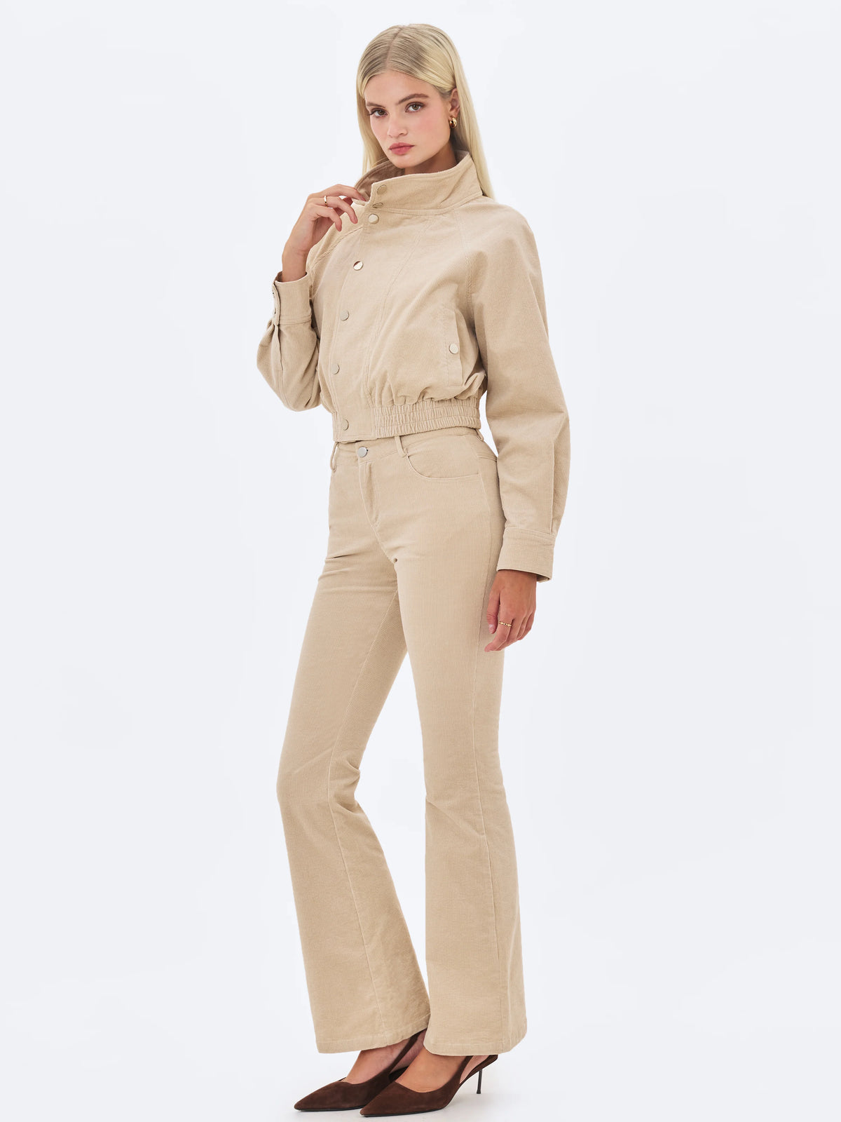Romille Beige Cotton Corduroy Low Rise Boot Cut Pants