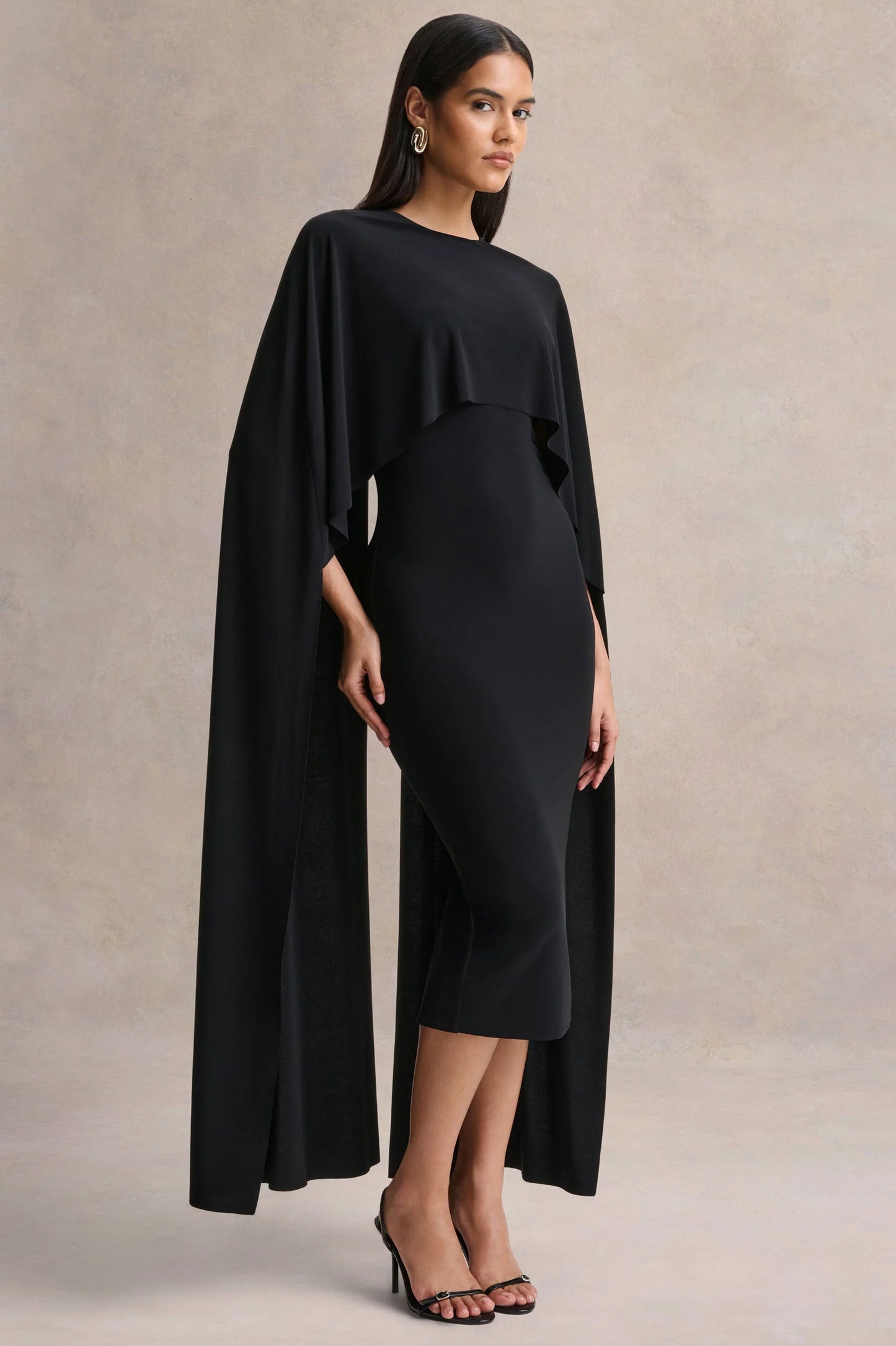 Kalani Black Crew Neck Midi Dress With Cape Sleeves
