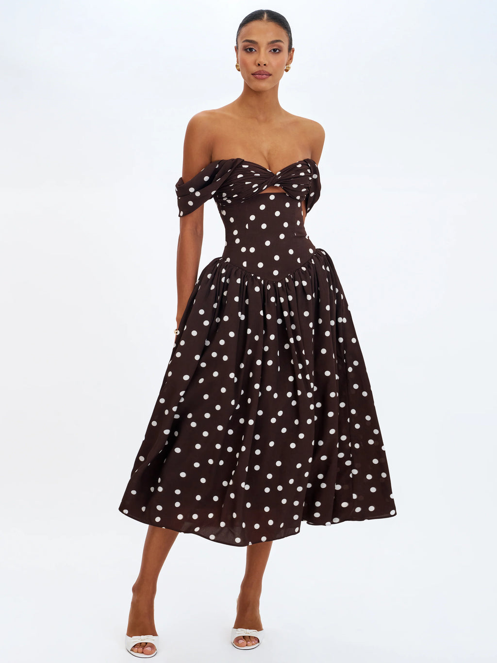 Xandie Mocha Polka Dot Off Shoulder Midi Dress