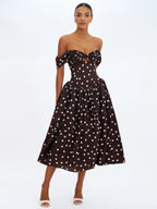 Xandie Mocha Polka Dot Off Shoulder Midi Dress