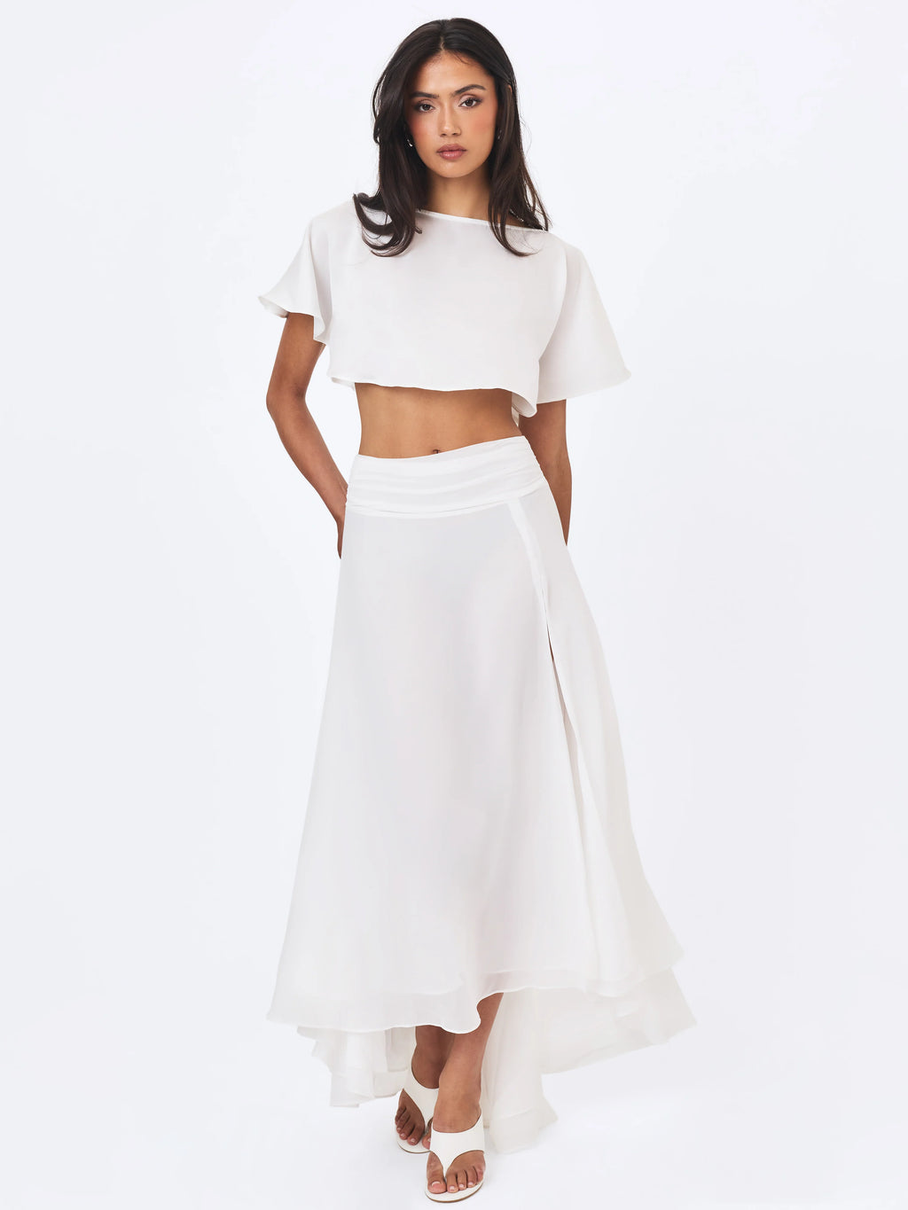 Yanna White Chiffon High Low Maxi Skirt