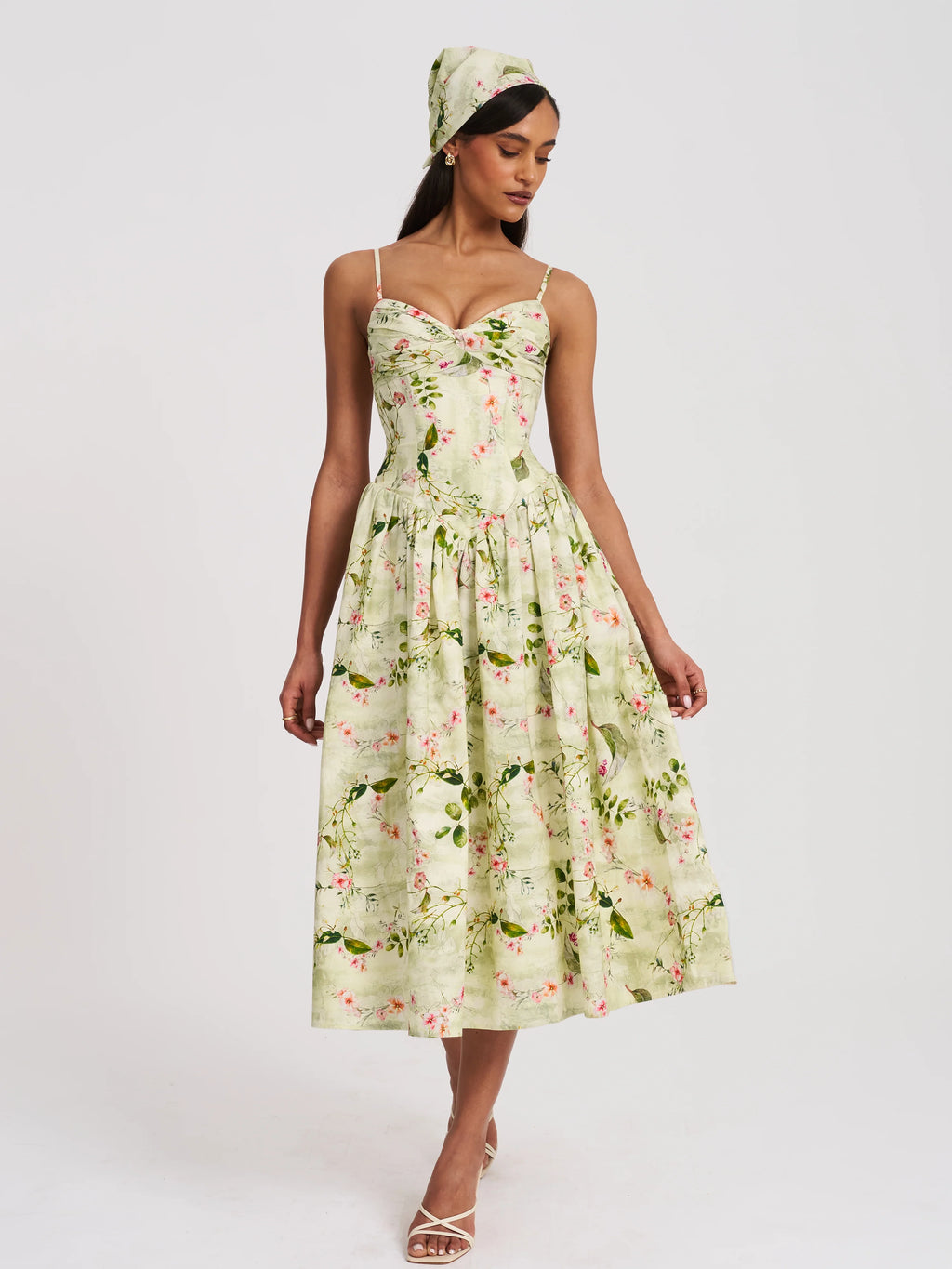 Jacinda Green Floral Print Linen Midi Dress