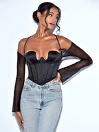 Pixie Black Mesh Sleeve Halter Corset Satin Top Archive Sale