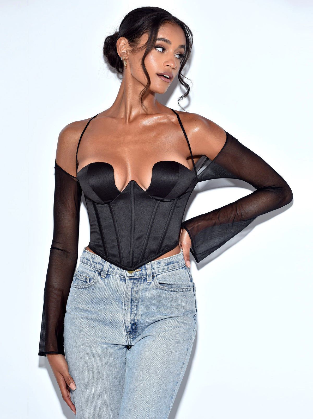 Pixie Black Mesh Sleeve Halter Corset Satin Top Archive Sale