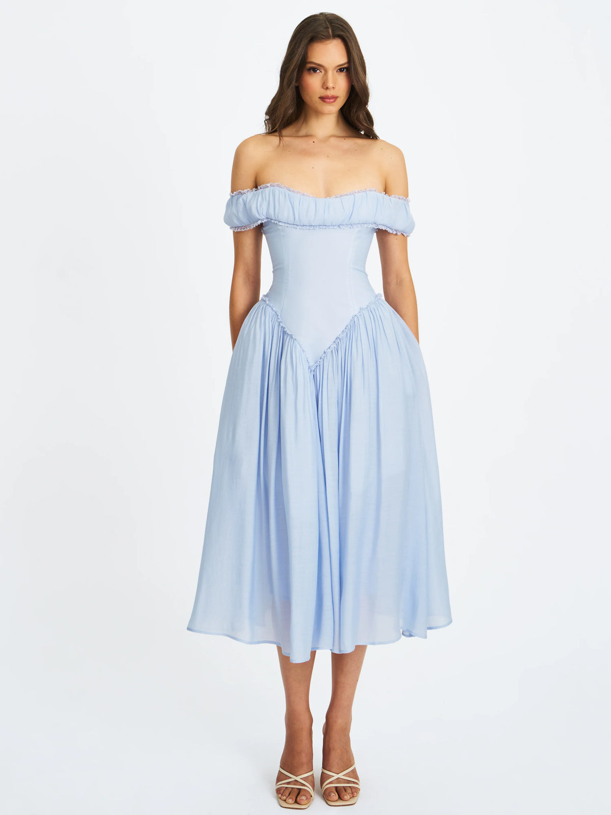 Xavy Baby Blue Off Shoulder Corset Midi Dress