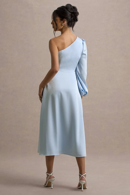 Haila Powder Blue Satin One Shoulder Midi Dress