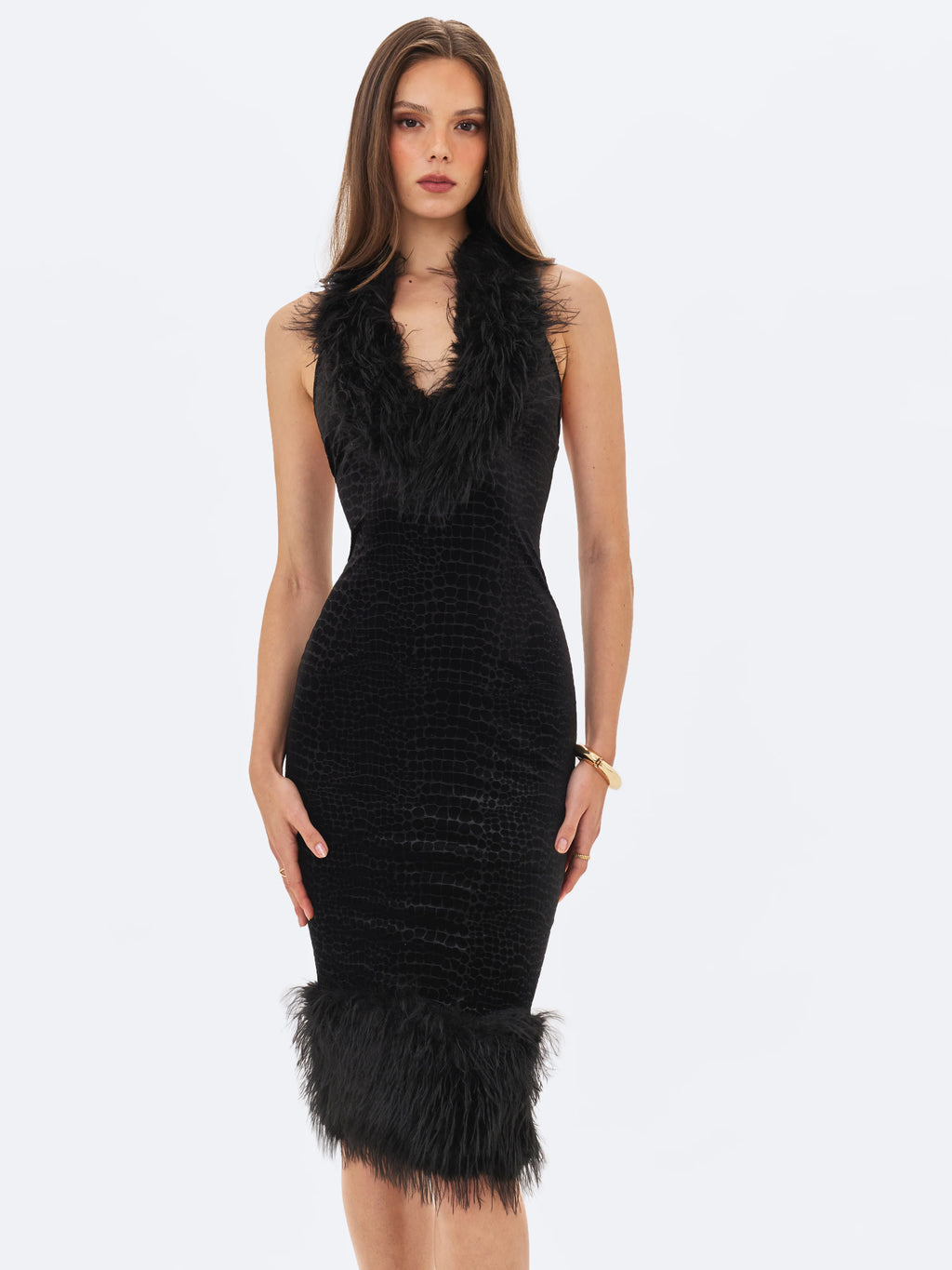 Onalee Black Croc Embossed Velvet Fur Midi Dress