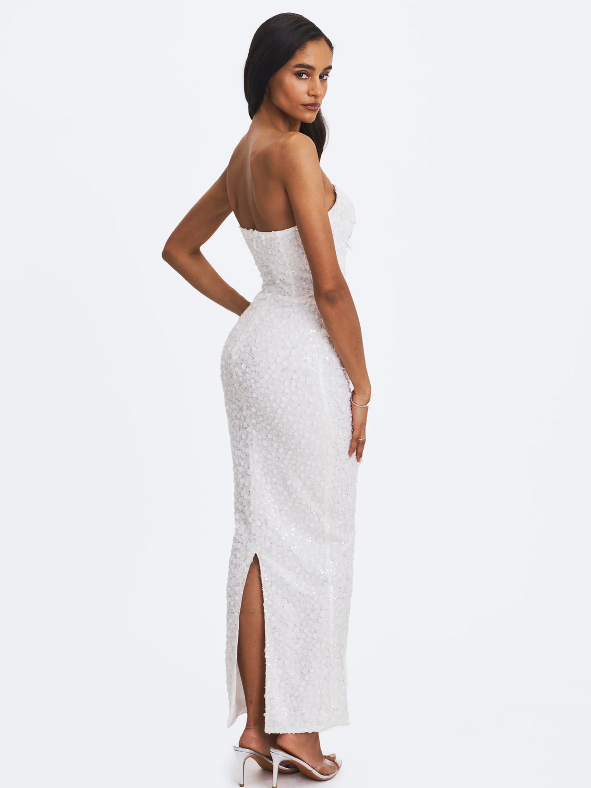 Myra White Beaded Mesh Strapless Wedding Dress