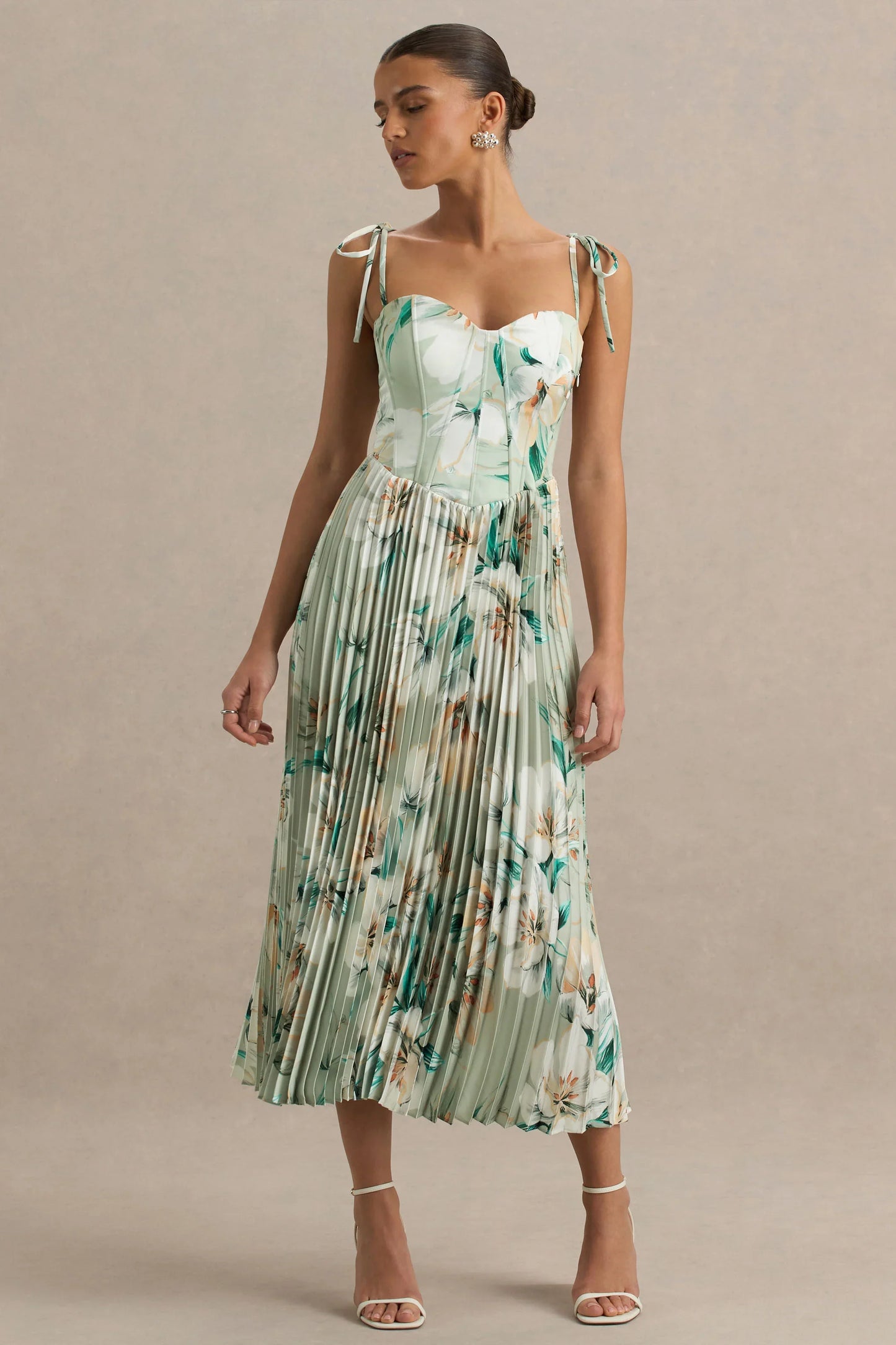 Peyton Green Floral Print Satin Sweetheart Neck Midi Dress With Pleated Details