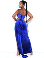 Priya Royal Blue Draping Corset High Slit Velvet Gown Archive Sale
