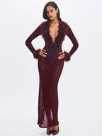 Luana Burgundy Plunging Fur Trimmed Burnout Mesh Maxi Dress