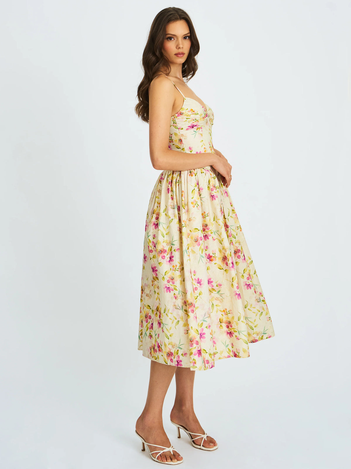 Jacinda Yellow Floral Print Linen Midi Dress