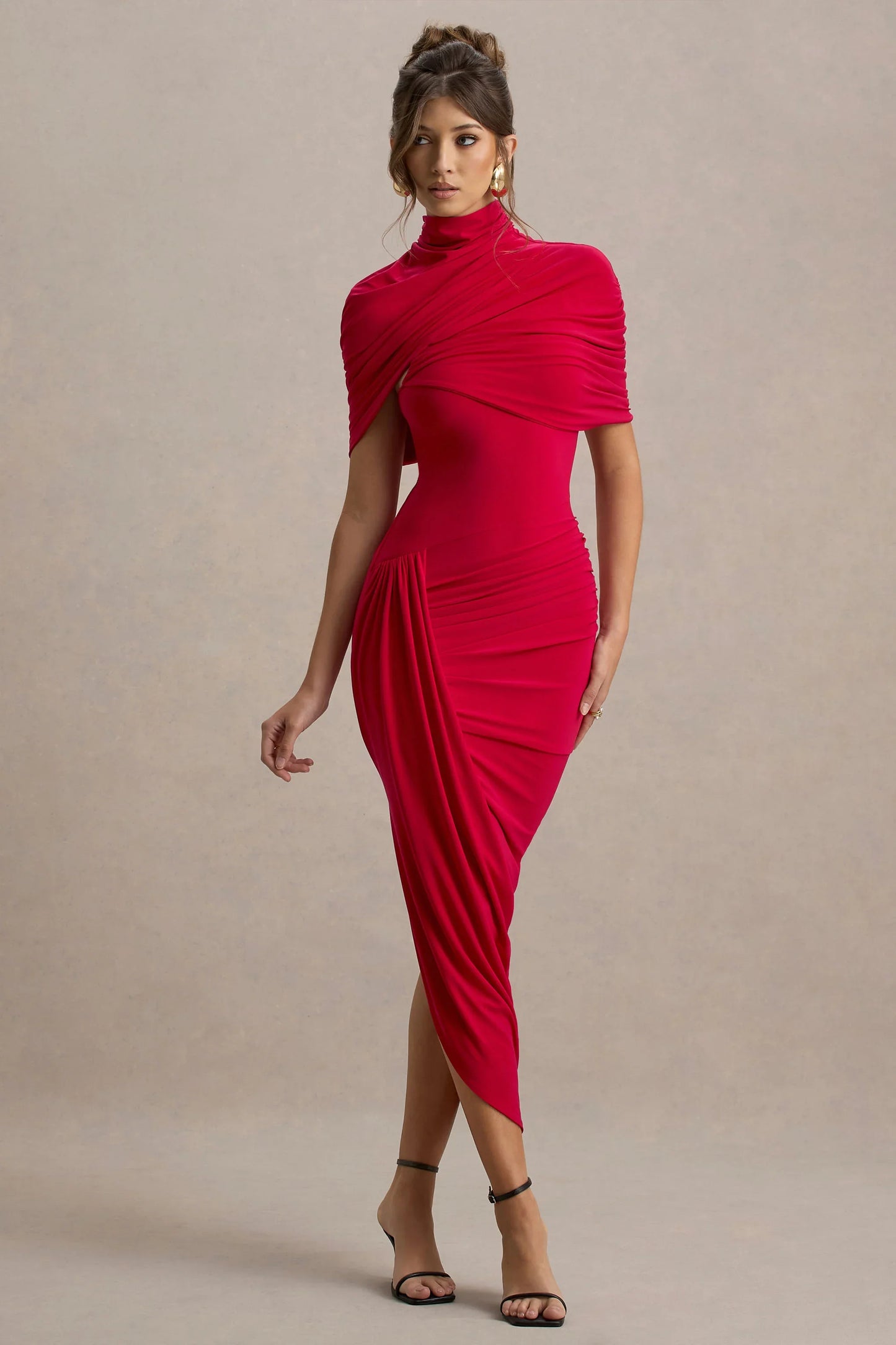 Enchant Red Asymmetric Twisted Cape Midi Dress