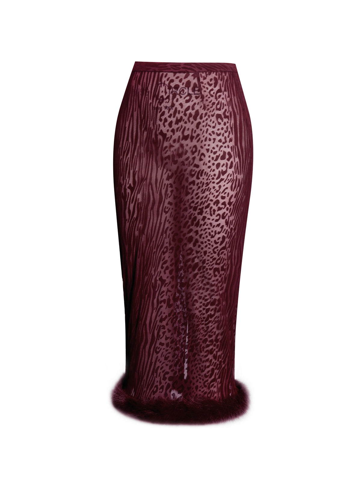 Halia Burgundy Animal Print Burnout Velvet Fur Trim Skirt