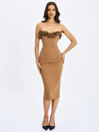 Rayanne Chestnut Strapless Fur Trimmed Sweetheart Midi Dress