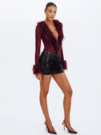 Valene Burgundy Burnout Velvet Fur Trim Bodysuit