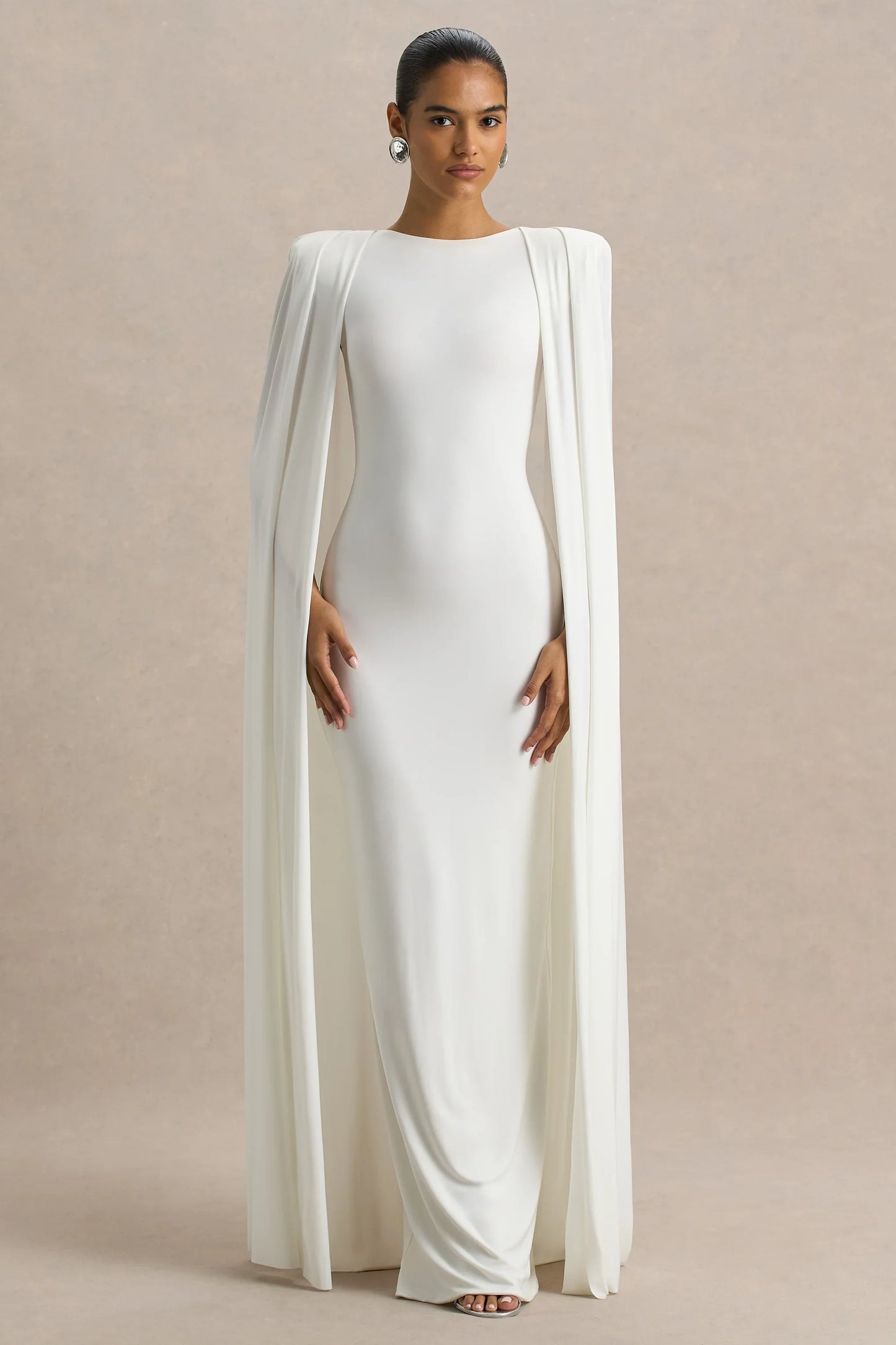 Mimi White Slashed Neck Maxi Dress With Cape Sleeve Detail