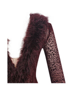 Luana Burgundy Plunging Fur Trimmed Burnout Mesh Maxi Dress