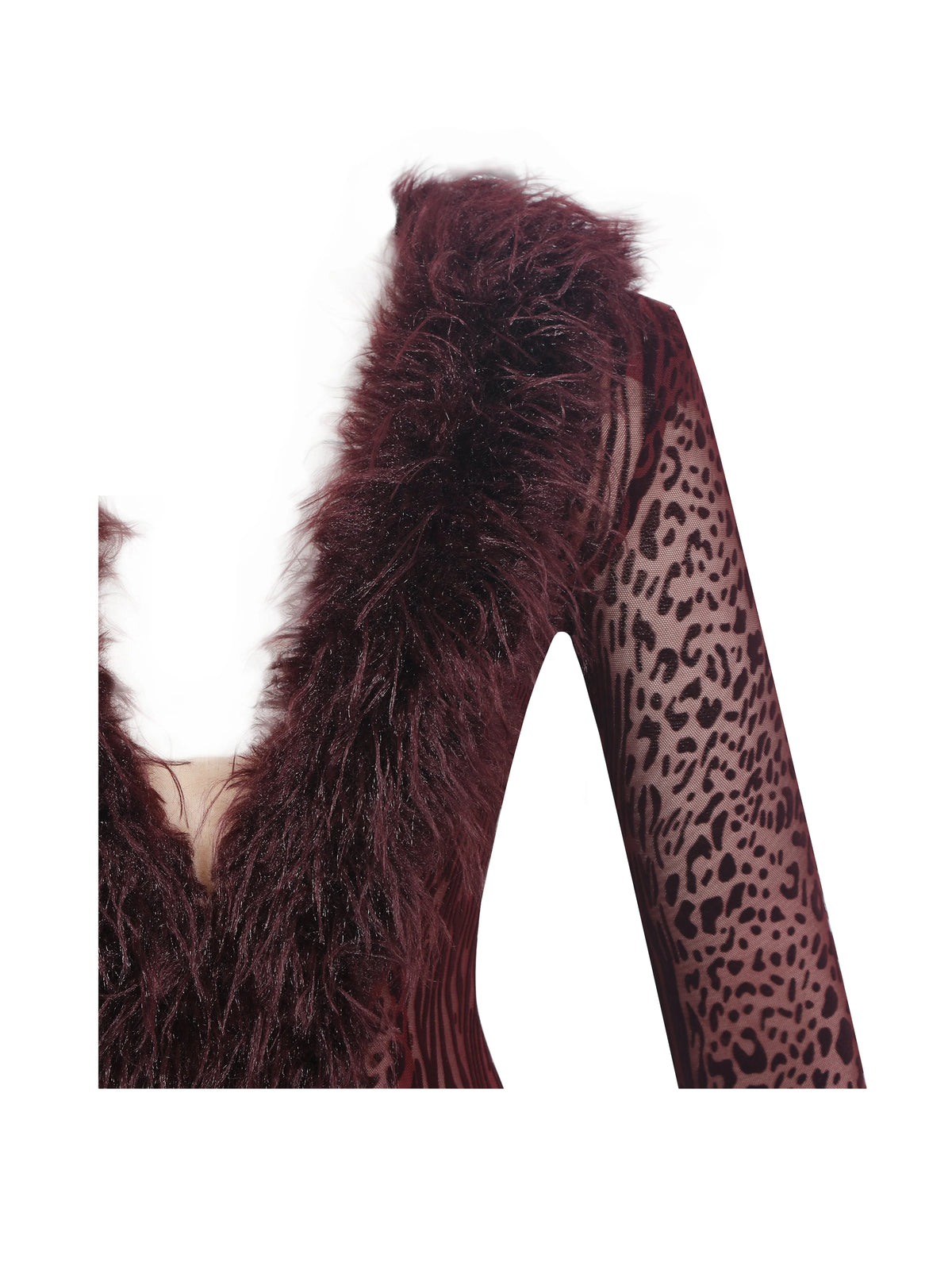 Luana Burgundy Plunging Fur Trimmed Burnout Mesh Maxi Dress