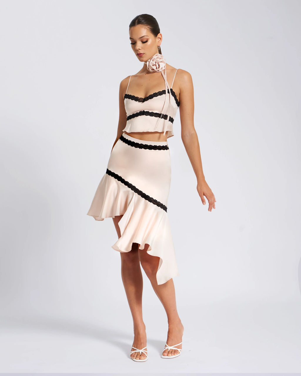 Yahvi Beige Lace Trim Satin Skirt