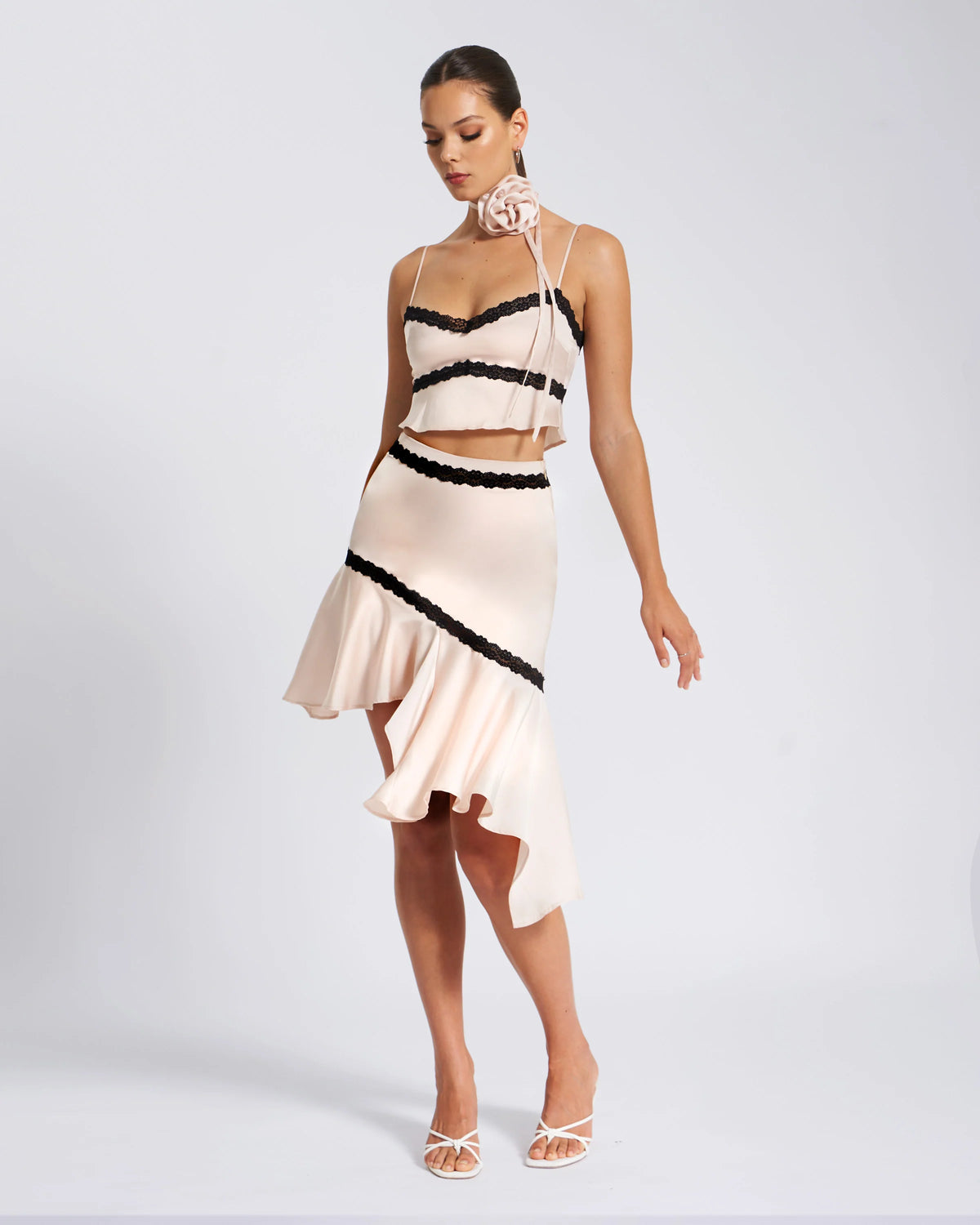 Yahvi Beige Lace Trim Satin Skirt