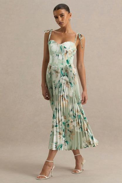 Peyton Green Floral Print Satin Sweetheart Neck Midi Dress With Pleated Details