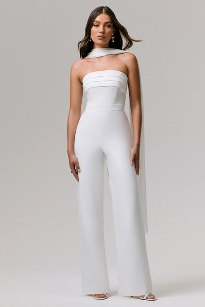 Enchanted White High Neck Jumpsuit With Scarf