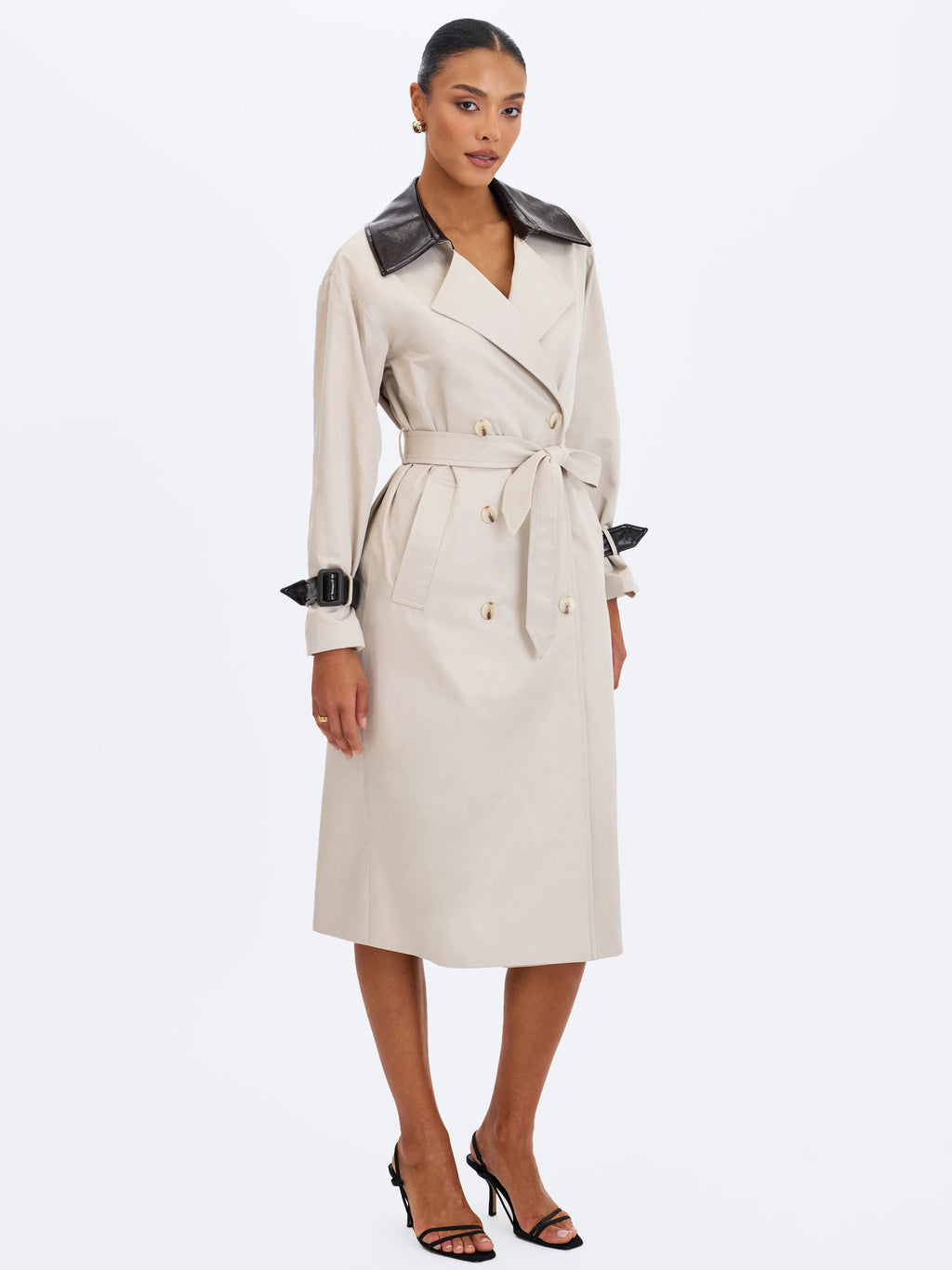 Umber Oyster Double Breasted Faux Leather Lapel Trench Coat