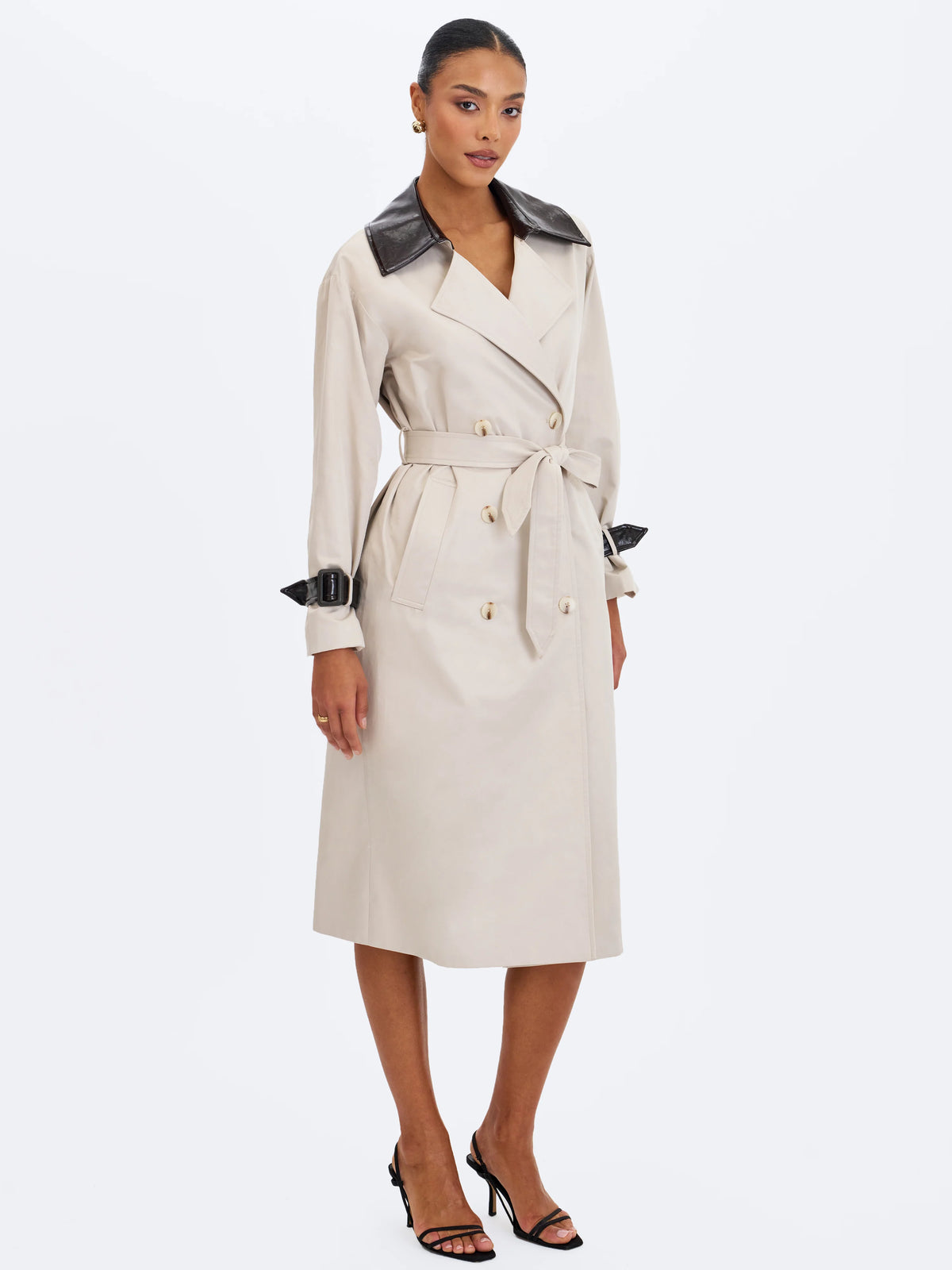 Umber Oyster Double Breasted Faux Leather Lapel Trench Coat