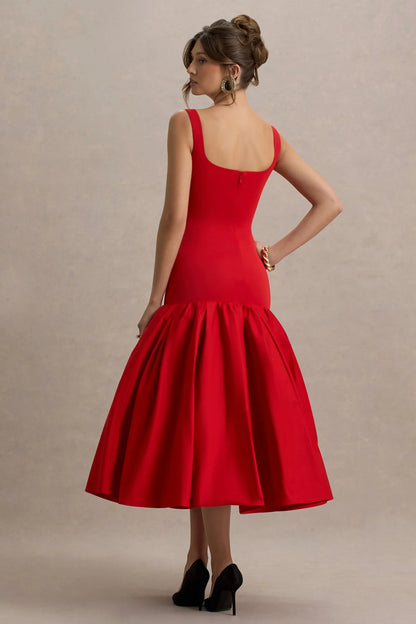 Parida Red Poplin Drop Waist Midi Dress With Peplum Hem
