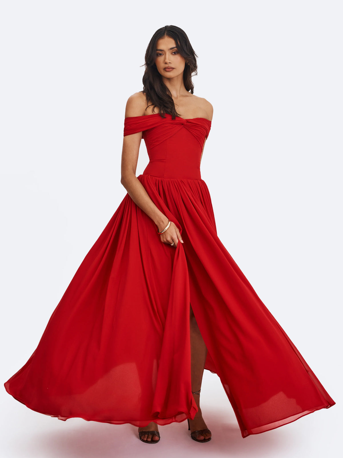 Tereza Crimson Georgette Bardot High Slit Maxi Dress