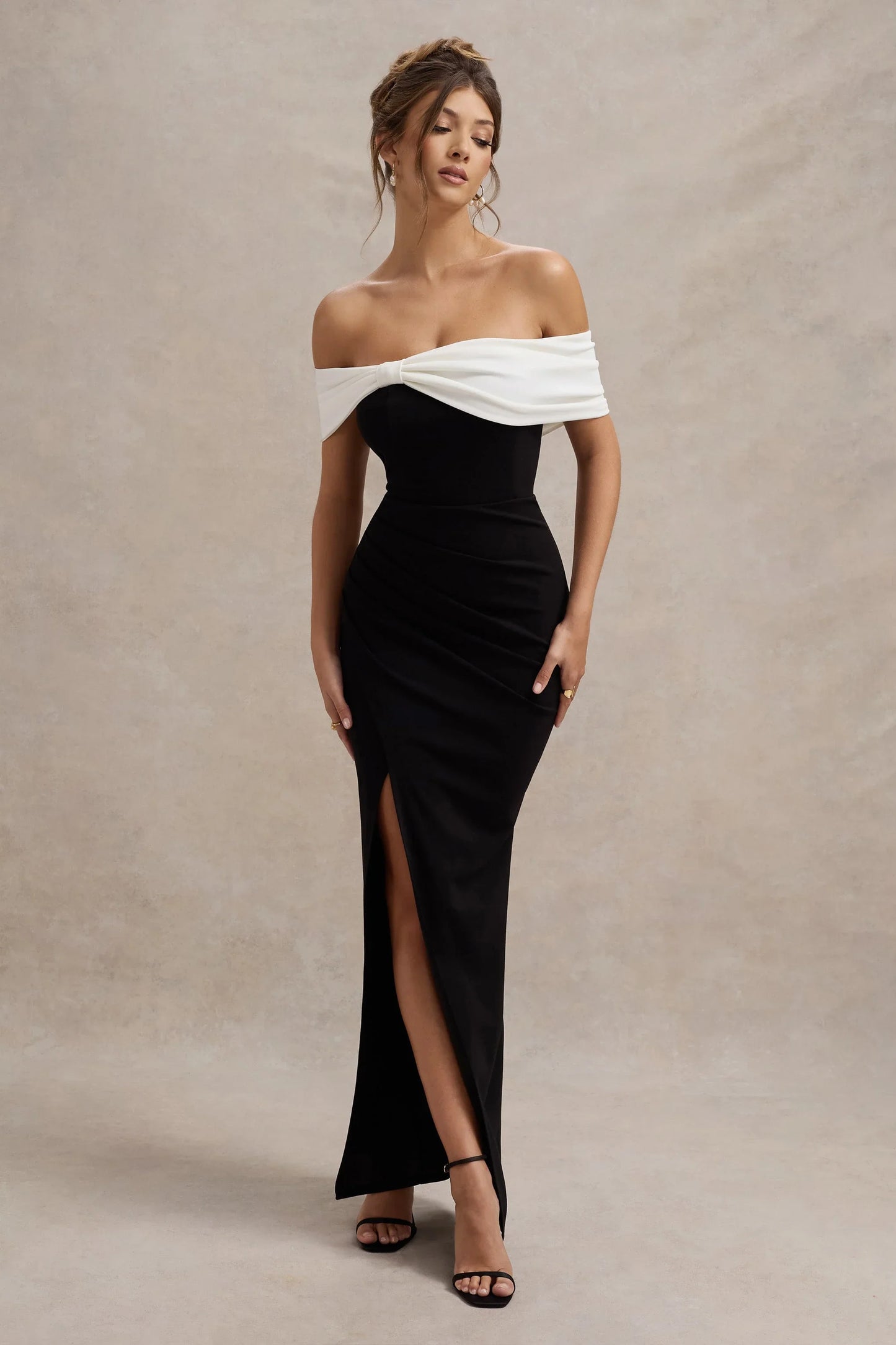 Eva Black White Bardot Bow Detail Maxi Dress With Thigh Split
