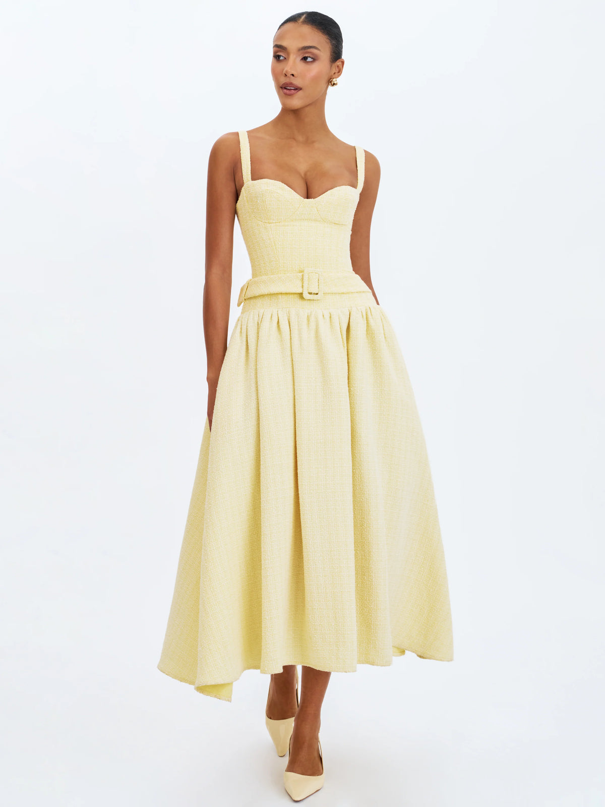 Tiana Butter Yellow Sweetheart Belted Midi Dress