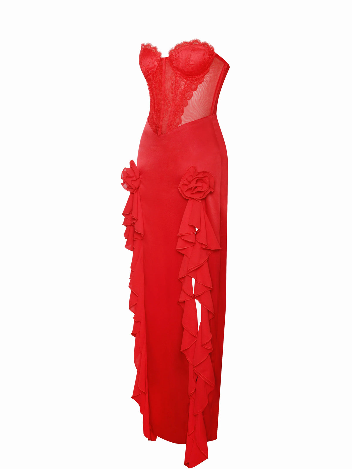 Talia Red Satin Lace Corset Maxi Dress